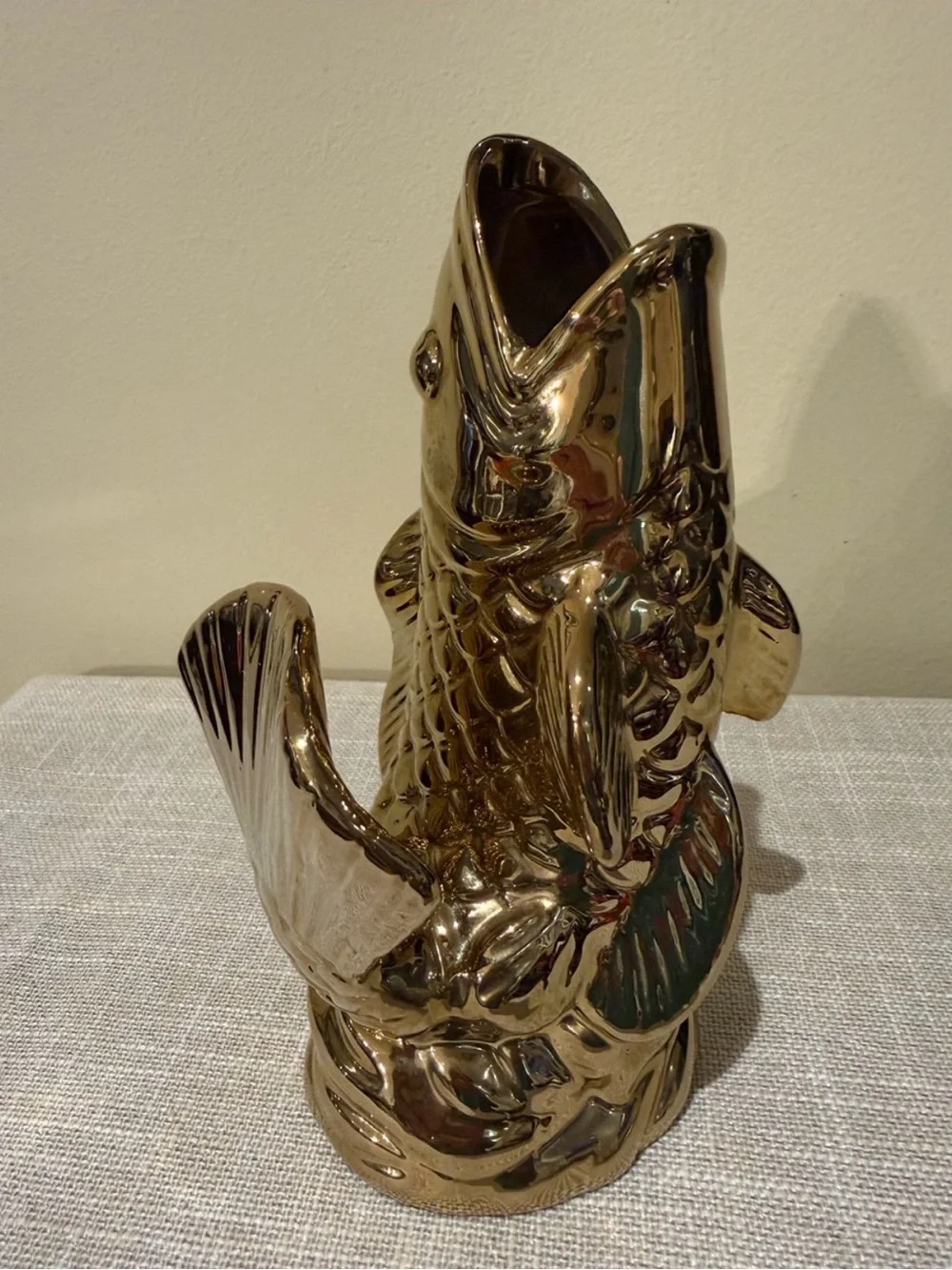 Metallic Gold Ceramic Fish Vase Gluggle Jug Style Hollywood Regency Nautical